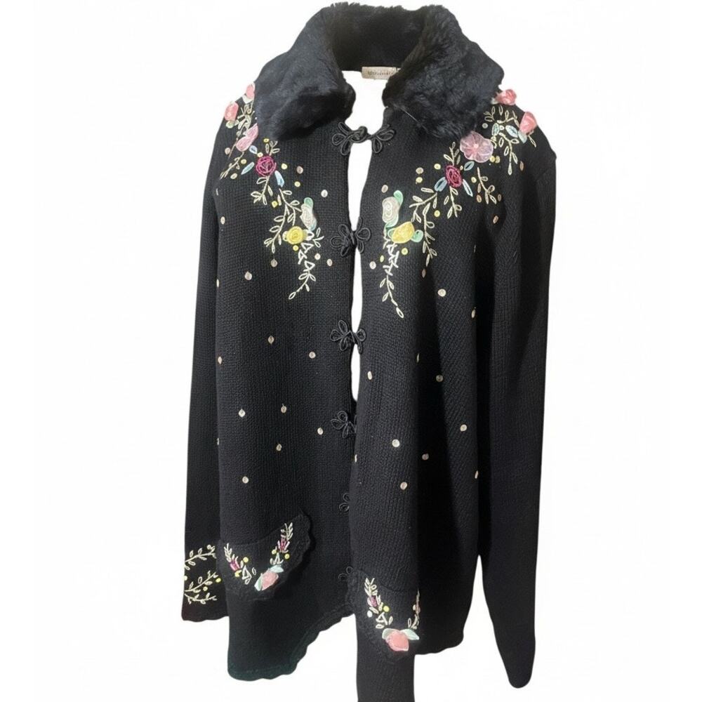 VTG Reference Point Ribbon Roses Sequin Embroidery Black Cardigan 1X Grandmacore